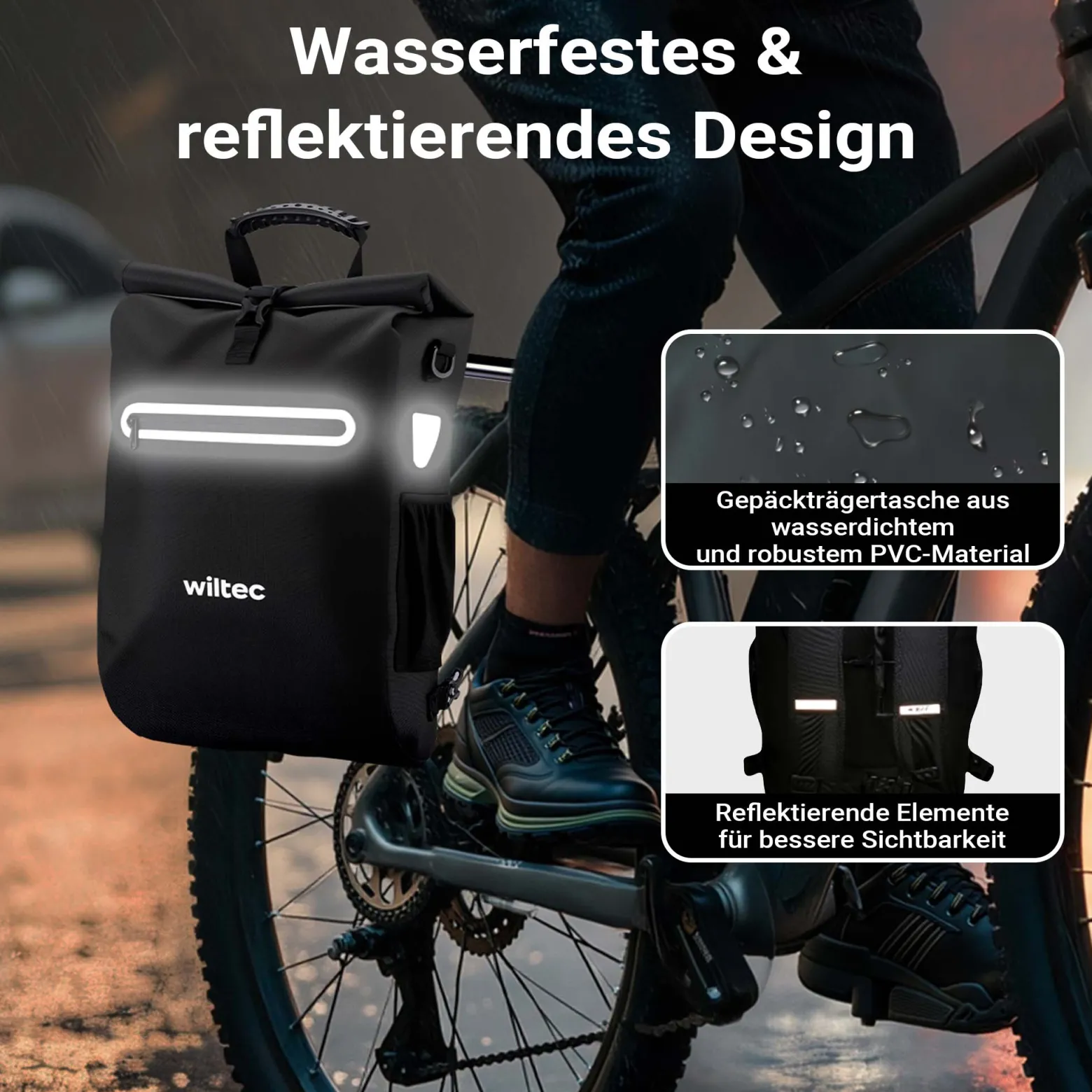 Wiltec Gepäckträgertasche schwarz, Fahrradtasche Rucksack 20 l Stauraum, Gepäcktasche mit Laptopfach, wasserresistente Fahrrad Tasche