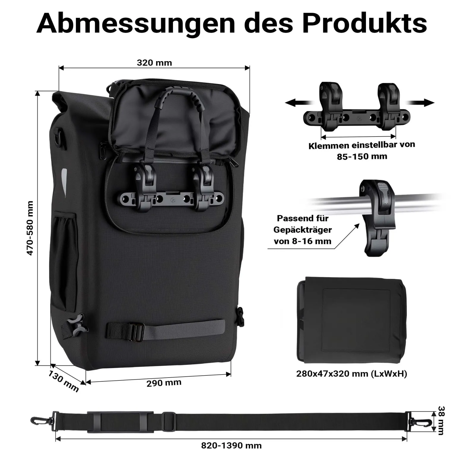Wiltec Gepäckträgertasche schwarz, Fahrradtasche Rucksack 20 l Stauraum, Gepäcktasche mit Laptopfach, wasserresistente Fahrrad Tasche