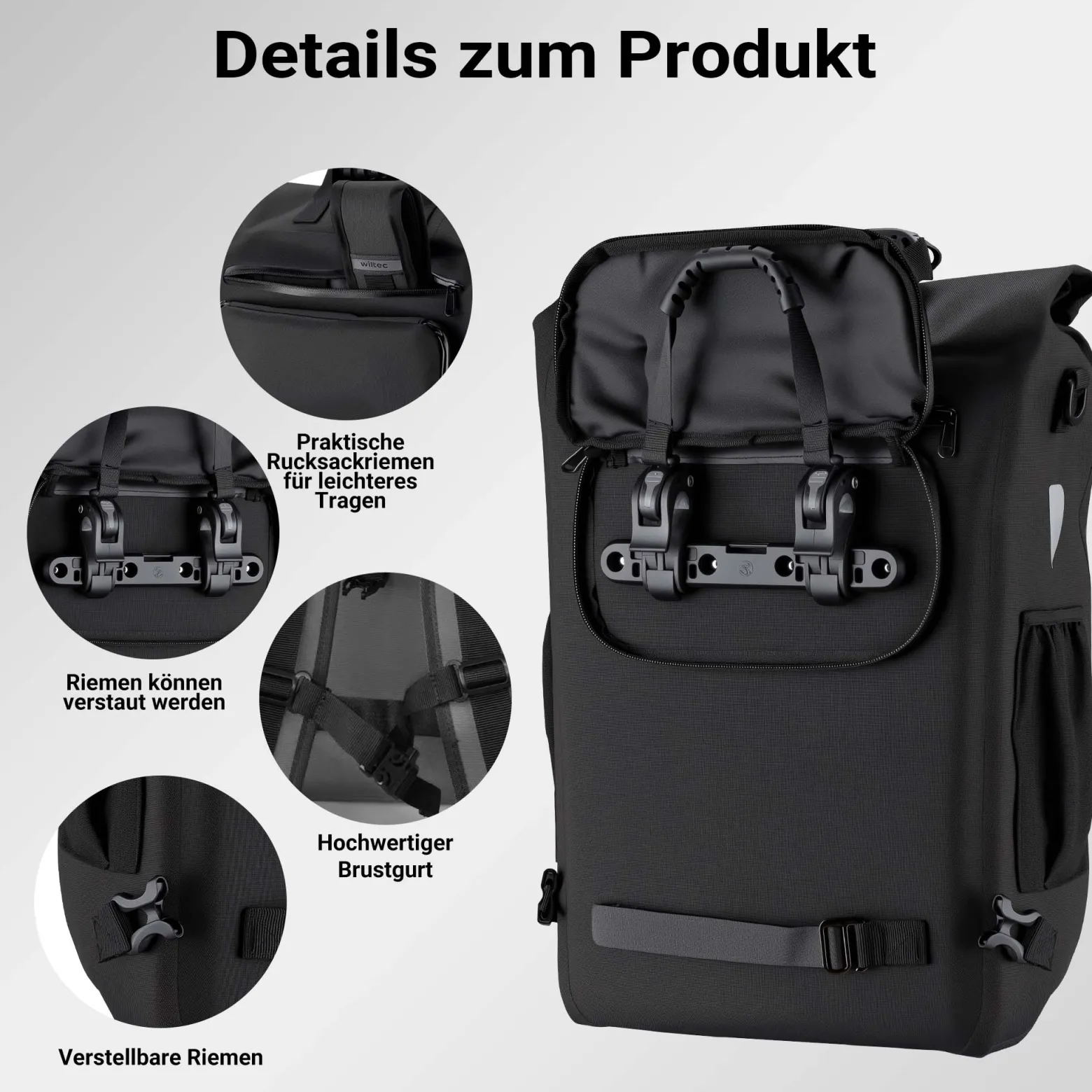 Wiltec Gepäckträgertasche schwarz, Fahrradtasche Rucksack 20 l Stauraum, Gepäcktasche mit Laptopfach, wasserresistente Fahrrad Tasche