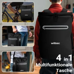 Wiltec Gepäckträgertasche schwarz, Fahrradtasche Rucksack 20 l Stauraum, Gepäcktasche mit Laptopfach, wasserresistente Fahrrad Tasche