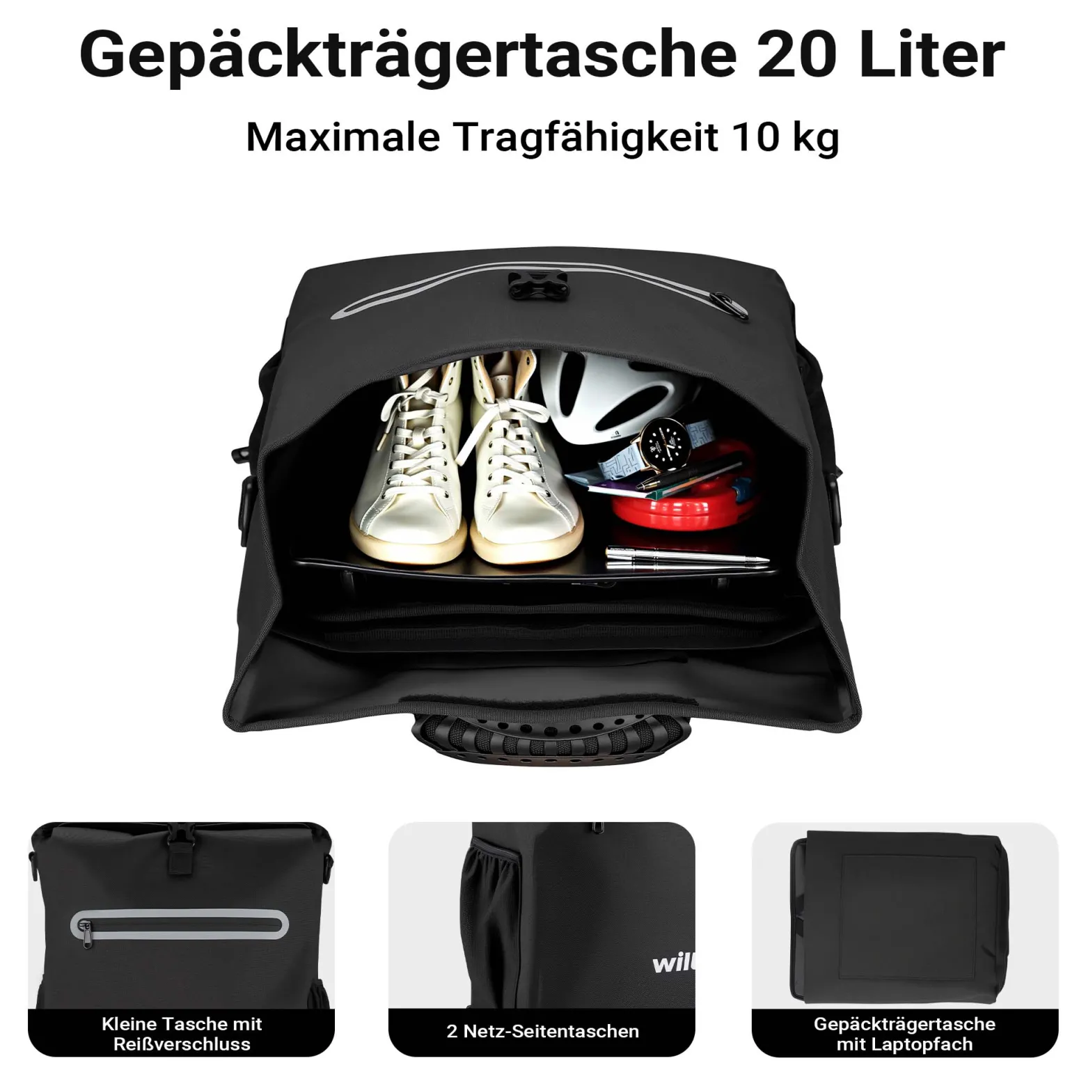 Wiltec Gepäckträgertasche schwarz, Fahrradtasche Rucksack 20 l Stauraum, Gepäcktasche mit Laptopfach, wasserresistente Fahrrad Tasche