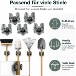 Wiltec Gerätehalter aus Stahl 5x mit Klemmhalter als Wandhalterung Gerätehalter Besenhalter zur Wandmontage in Garage Werkstatt Keller