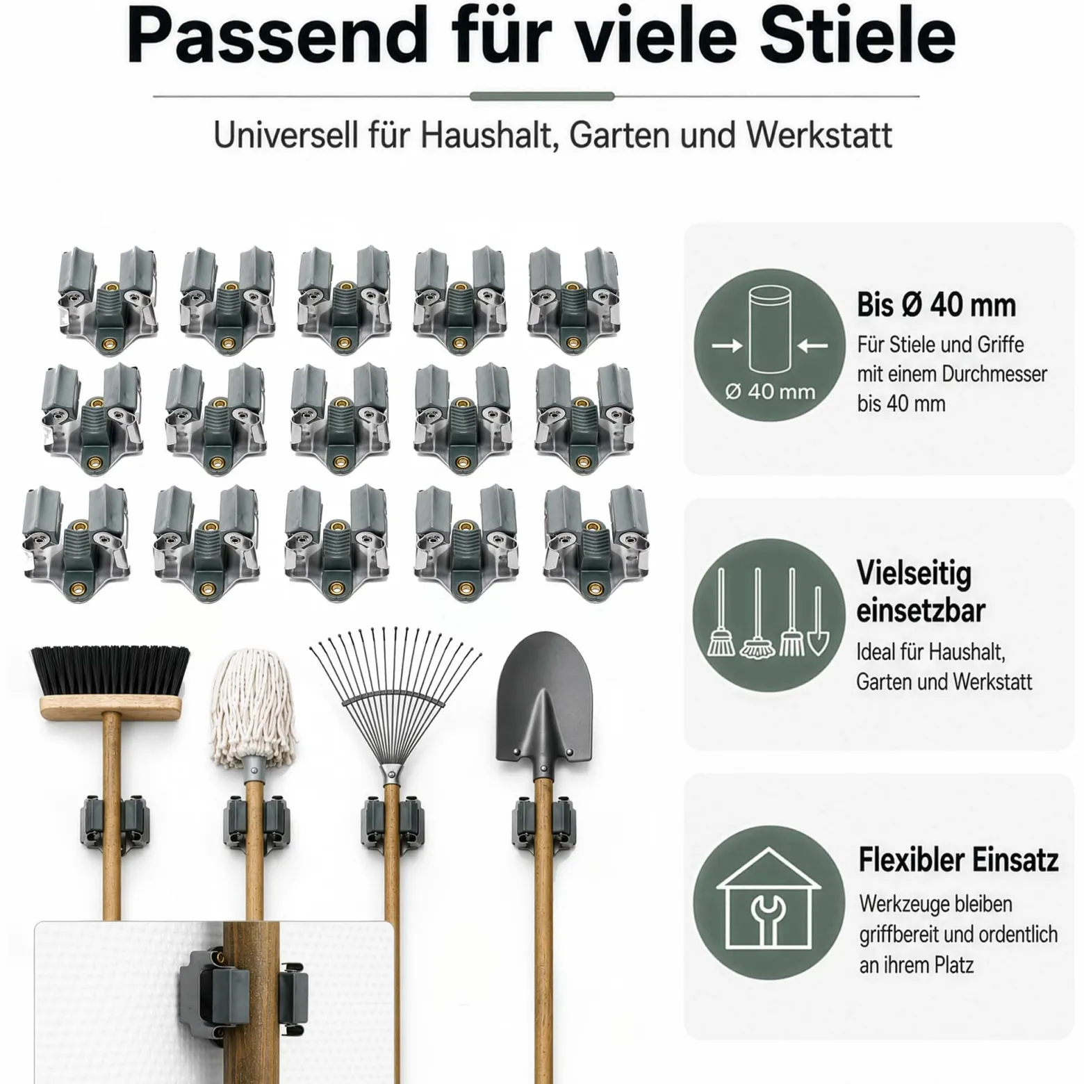 Wiltec Gerätehalter aus Stahl 15x mit Klemmhalter als Wandhalterung Gerätehalter Besenhalter zur Wandmontage in Garage Werkstatt Keller