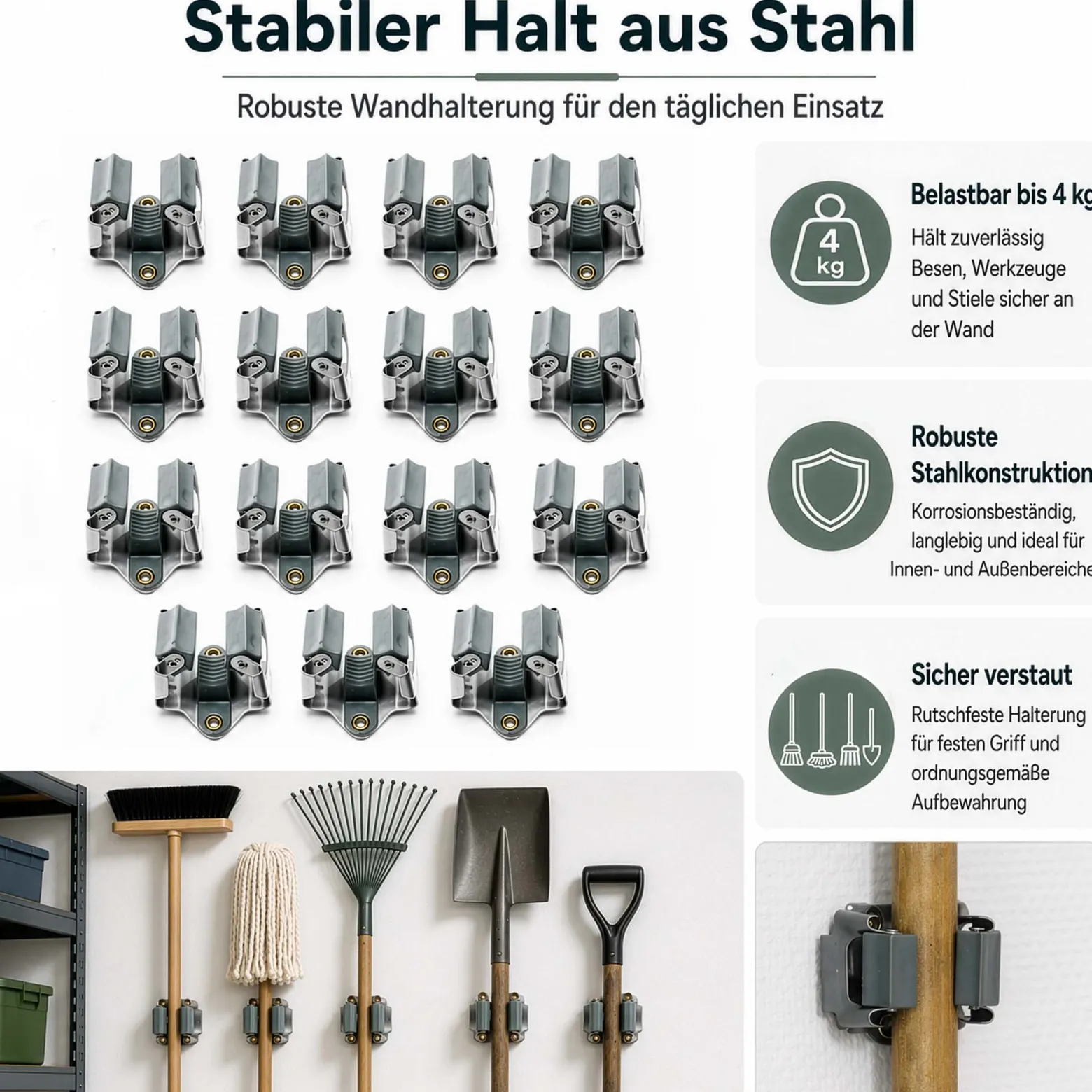 Wiltec Gerätehalter aus Stahl 15x mit Klemmhalter als Wandhalterung Gerätehalter Besenhalter zur Wandmontage in Garage Werkstatt Keller
