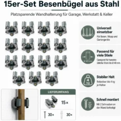 Wiltec Gerätehalter aus Stahl 15x mit Klemmhalter als Wandhalterung Gerätehalter Besenhalter zur Wandmontage in Garage Werkstatt Keller