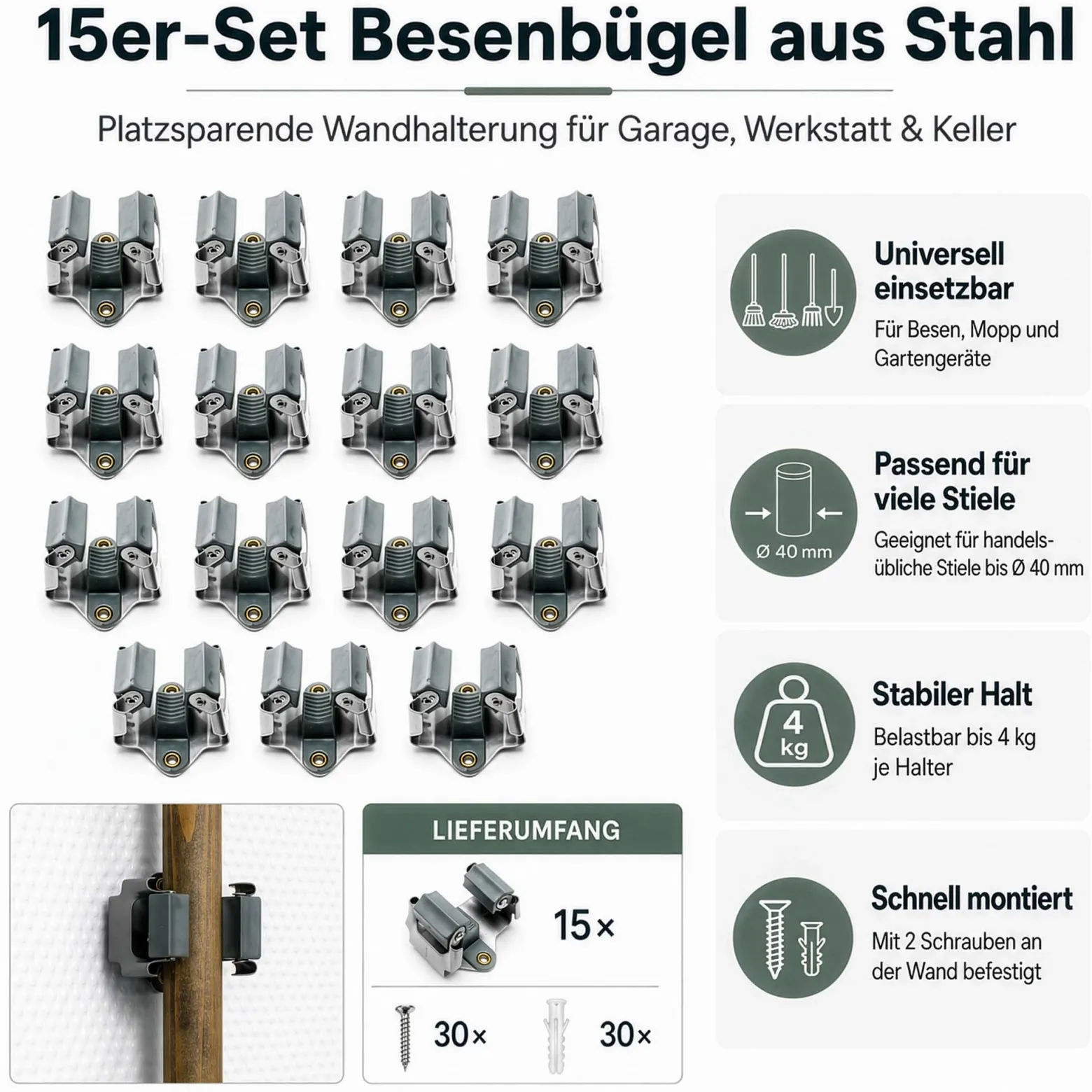 Wiltec Gerätehalter aus Stahl 15x mit Klemmhalter als Wandhalterung Gerätehalter Besenhalter zur Wandmontage in Garage Werkstatt Keller