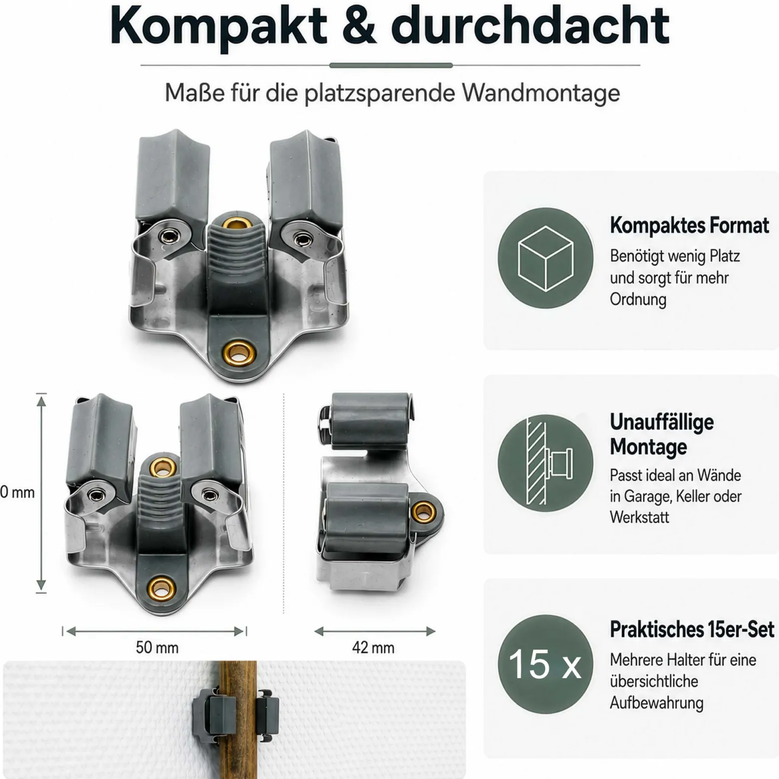 Wiltec Gerätehalter aus Stahl 15x mit Klemmhalter als Wandhalterung Gerätehalter Besenhalter zur Wandmontage in Garage Werkstatt Keller