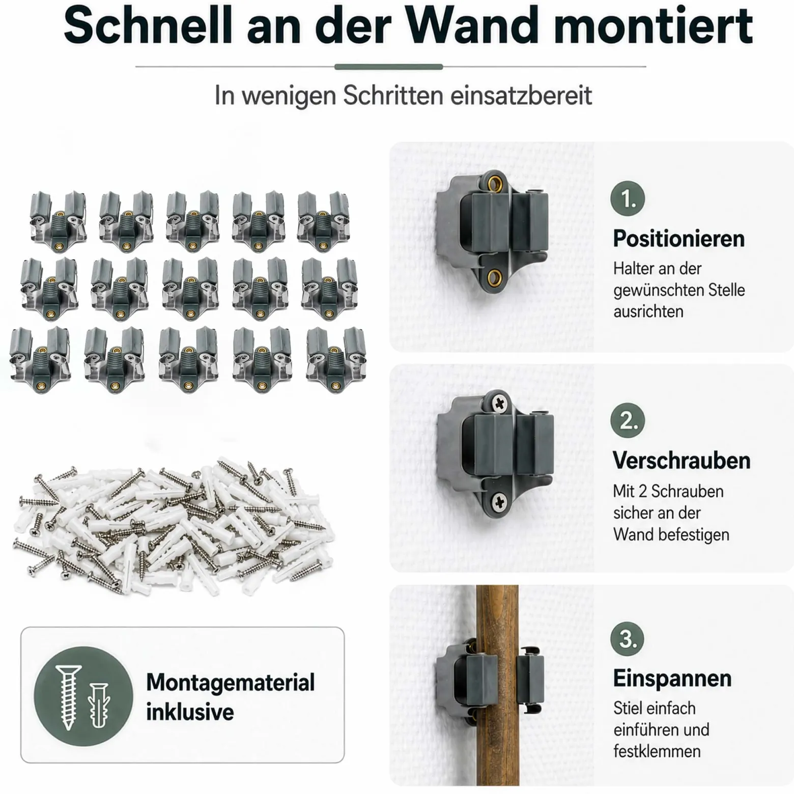 Wiltec Gerätehalter aus Stahl 15x mit Klemmhalter als Wandhalterung Gerätehalter Besenhalter zur Wandmontage in Garage Werkstatt Keller