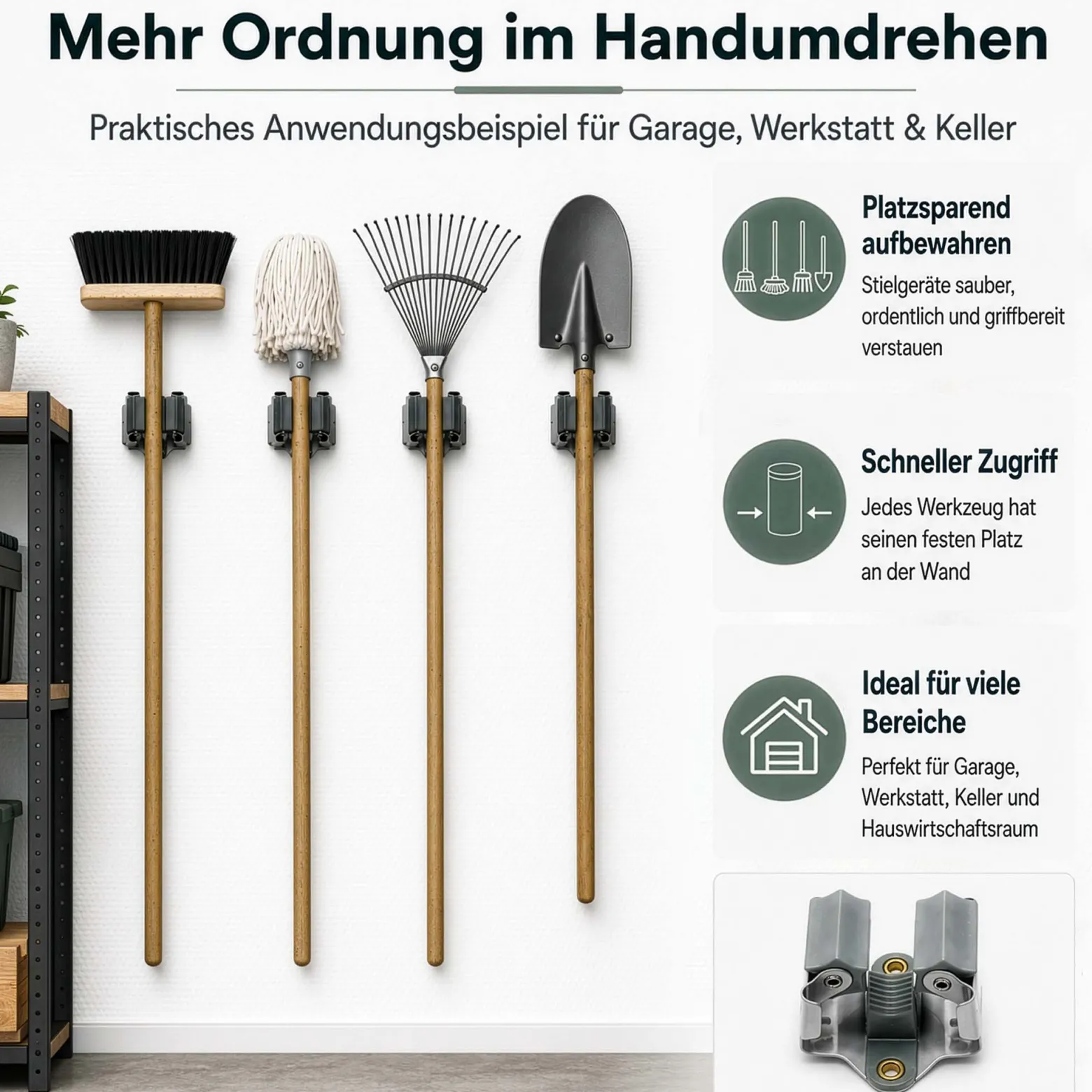 Wiltec Gerätehalter aus Stahl 15x mit Klemmhalter als Wandhalterung Gerätehalter Besenhalter zur Wandmontage in Garage Werkstatt Keller