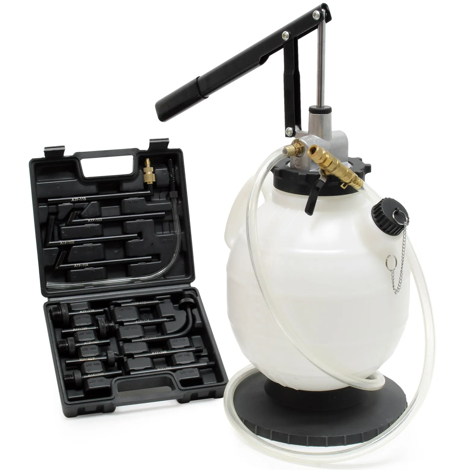 Wiltec Getriebeöl Einfüllgerät 7 L mit Handpumpe inkl. 15 ATF Adapter u.a. für moderne Getriebe, Ölwechsel Gerät, Getriebeölwechsel Befüllgerät