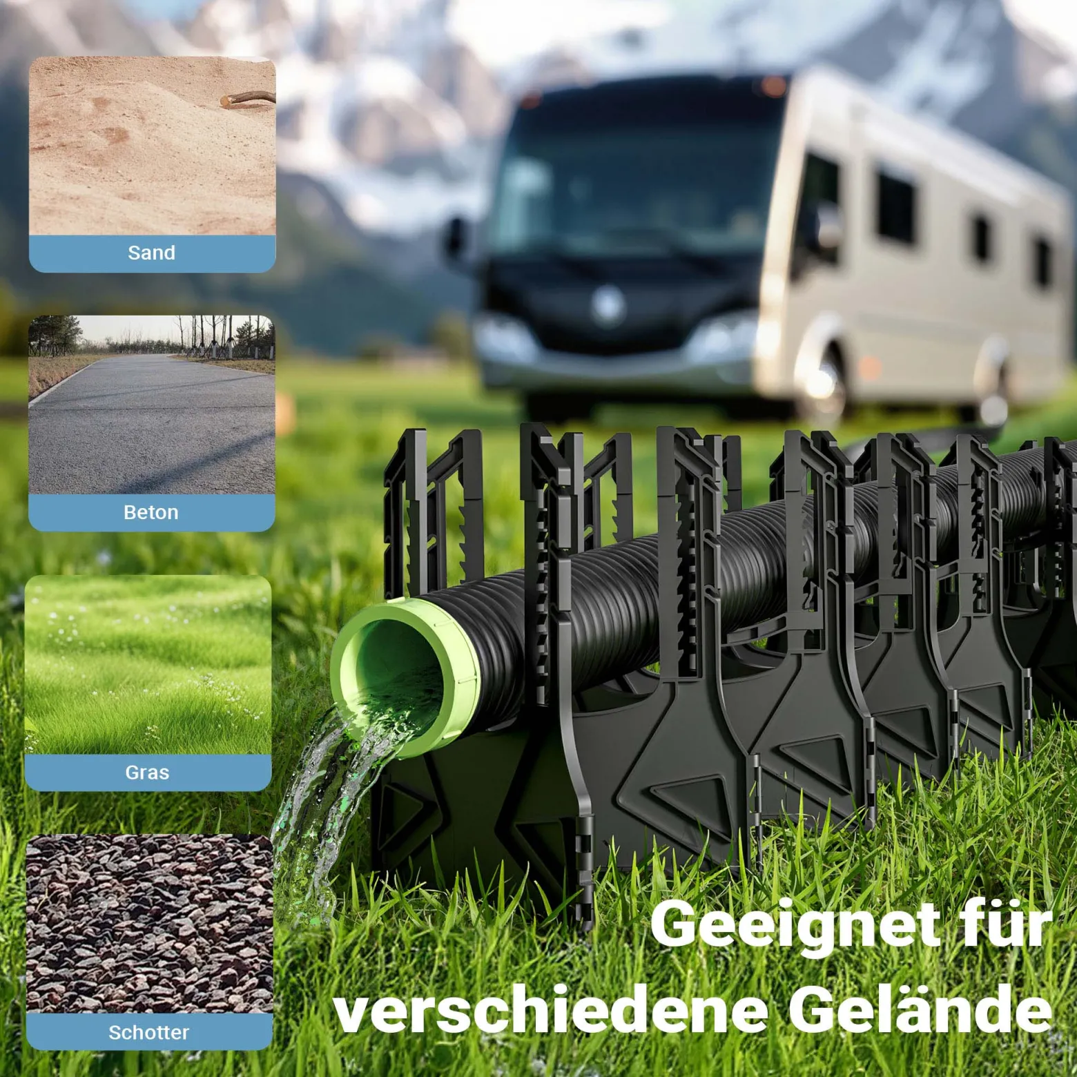 Wiltec Halterung für Abwasserschläuche 4,5 m, Schlauchhalterung Abwasserschlauch für Schläuche bis Ø 94 mm, Schlauchhalter höhenverstellbar für Abwasser bei Camping, Wohnwagen und Wohnmobil