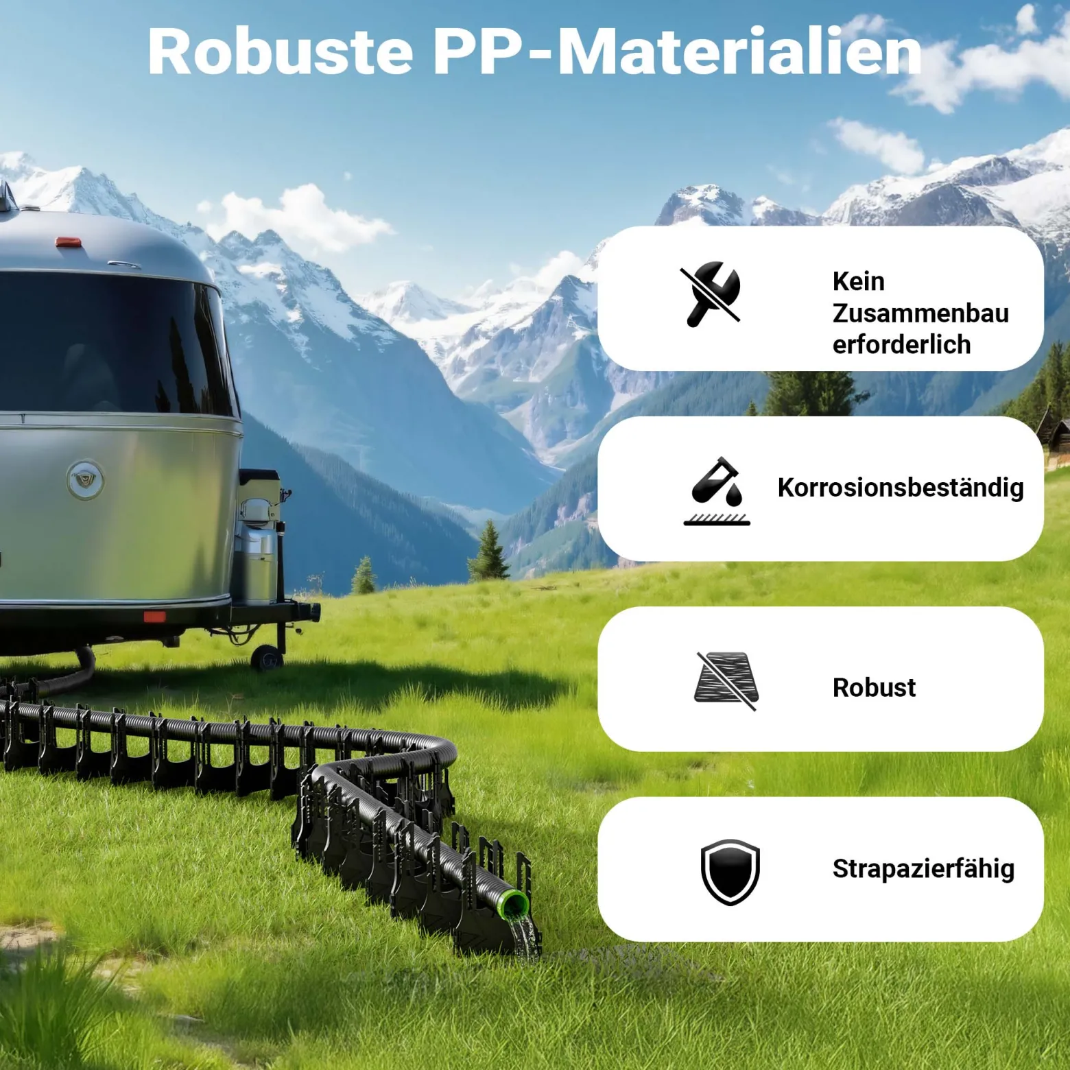Wiltec Halterung für Abwasserschläuche 4,5 m, Schlauchhalterung Abwasserschlauch für Schläuche bis Ø 94 mm, Schlauchhalter höhenverstellbar für Abwasser bei Camping, Wohnwagen und Wohnmobil