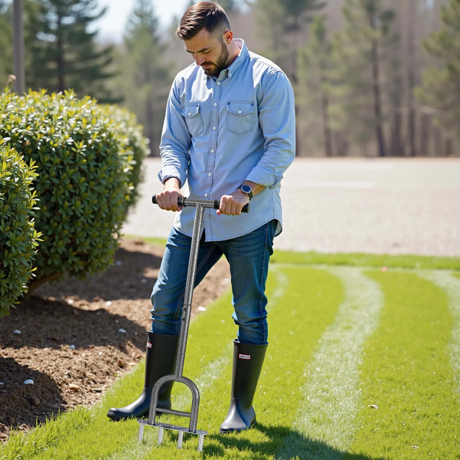 Wiltec Hand Aerifizierer aus Stahl, Handaerifizierer mit ergonomischem T-Griff, Rasenaerifizierer mit 4 Zinken, Rasenlüfter für effiziente Rasenpflege