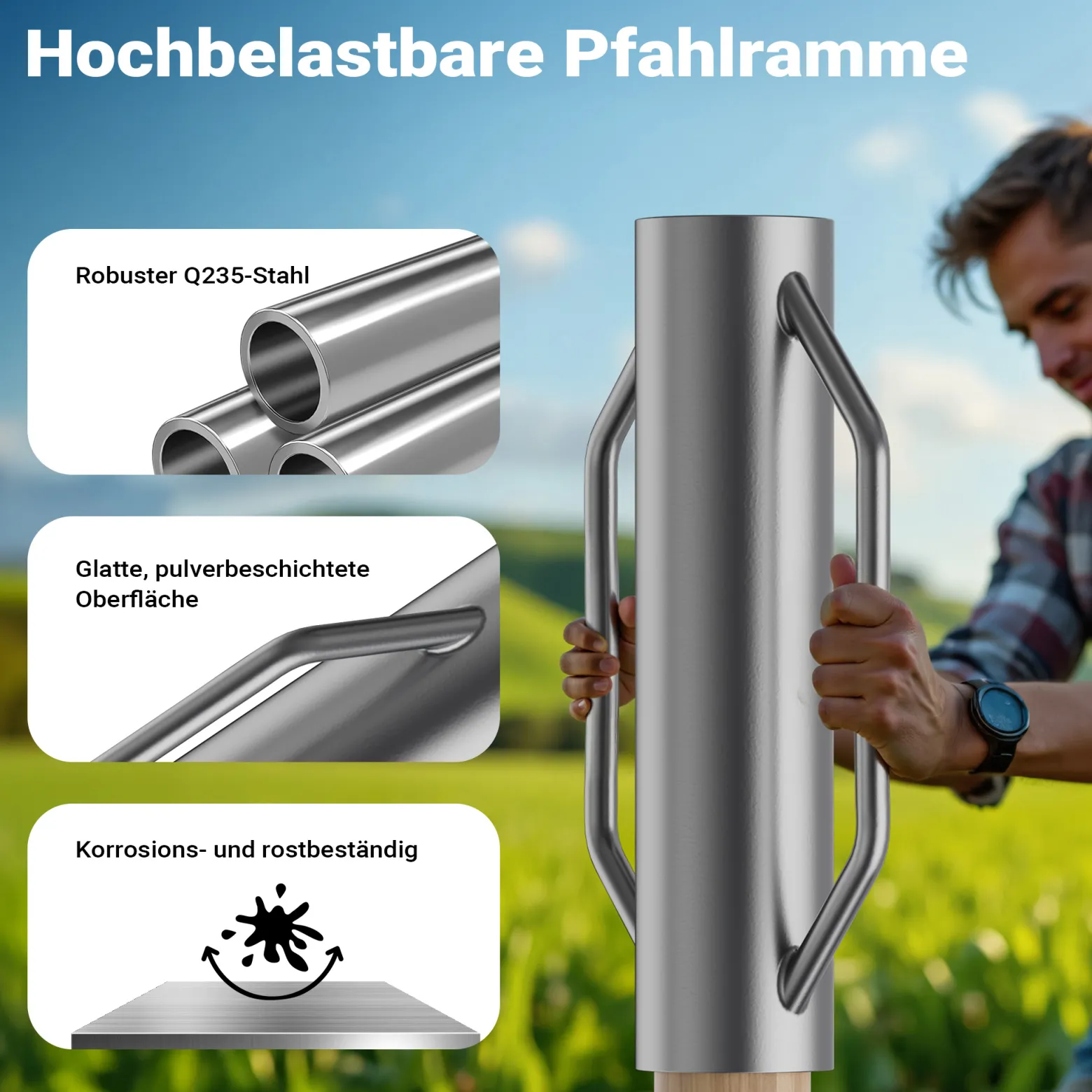 Wiltec Handramme Ø14 cm Zaunpfahlramme mit Handgriffe, Pfahlramme aus Stahl, Pfostenramme für Zaunbau und Bodenverdichtung