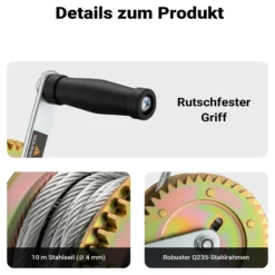 Wiltec Handseilwinde bis 350kg Übersetzung 3,1:1 130x175x130mm, Winde mit 10m Drahtseil, Seilwinde handbetrieben, Handseilzug effizient, Forstseilwinde