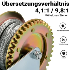 Wiltec Handseilwinde bis 900kg Übersetzung 4:1 8:1 175x173x233 mm, Winde mit 10m Drahtseil, Seilwinde handbetrieben, Handseilzug effizient, Forstseilwinde