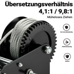 Wiltec Handseilwinde bis 1500 kg Übersetzung 4,1:1 9,8:1 Winde 280 x 240 x 180 mm Handseilzug mit 10 m Seil Forstseilwinde handbetrieben