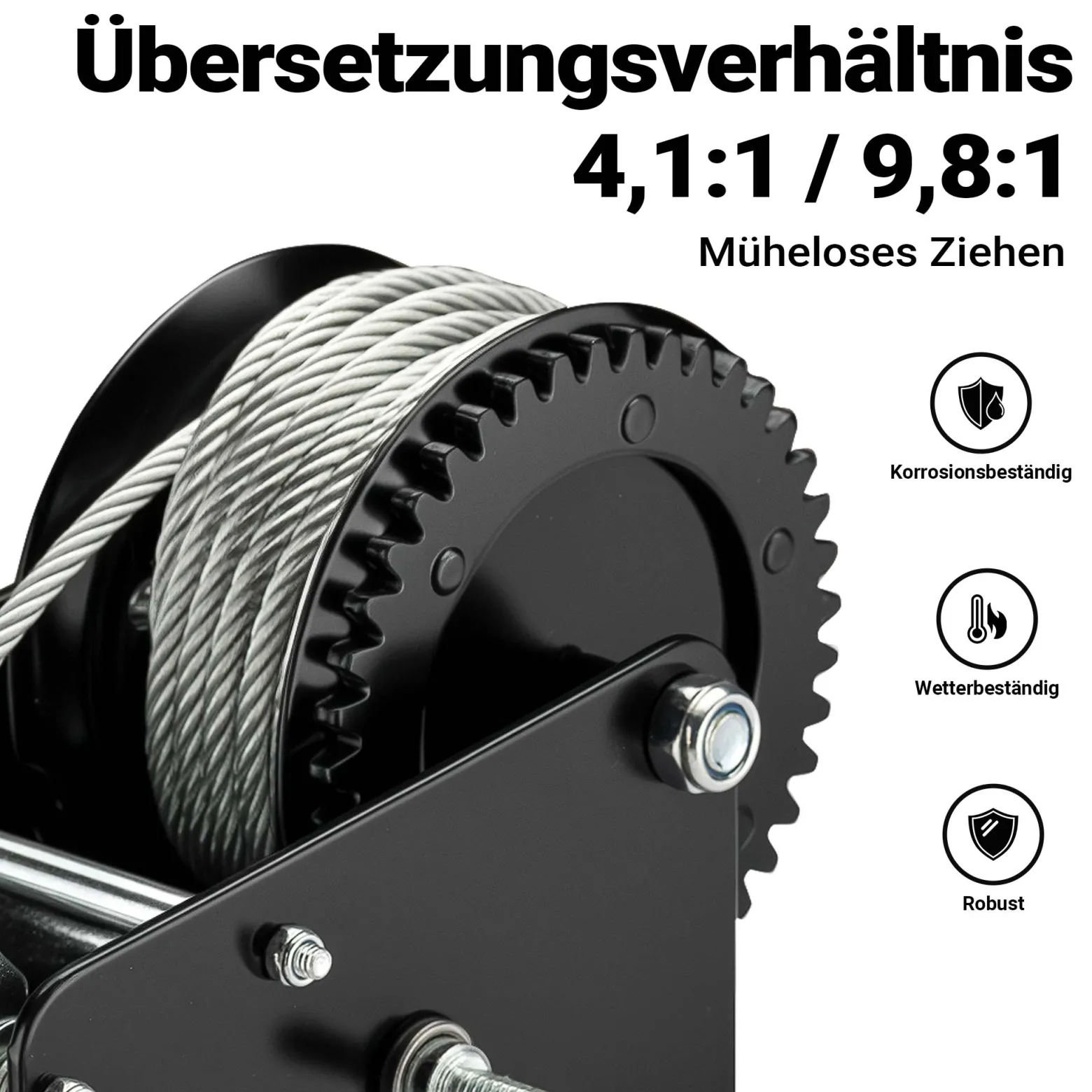 Wiltec Handseilwinde bis 1500 kg Übersetzung 4,1:1 9,8:1 Winde 280 x 240 x 180 mm Handseilzug mit 10 m Seil Forstseilwinde handbetrieben