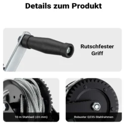 Wiltec Handseilwinde bis 1500 kg Übersetzung 4,1:1 9,8:1 Winde 280 x 240 x 180 mm Handseilzug mit 10 m Seil Forstseilwinde handbetrieben