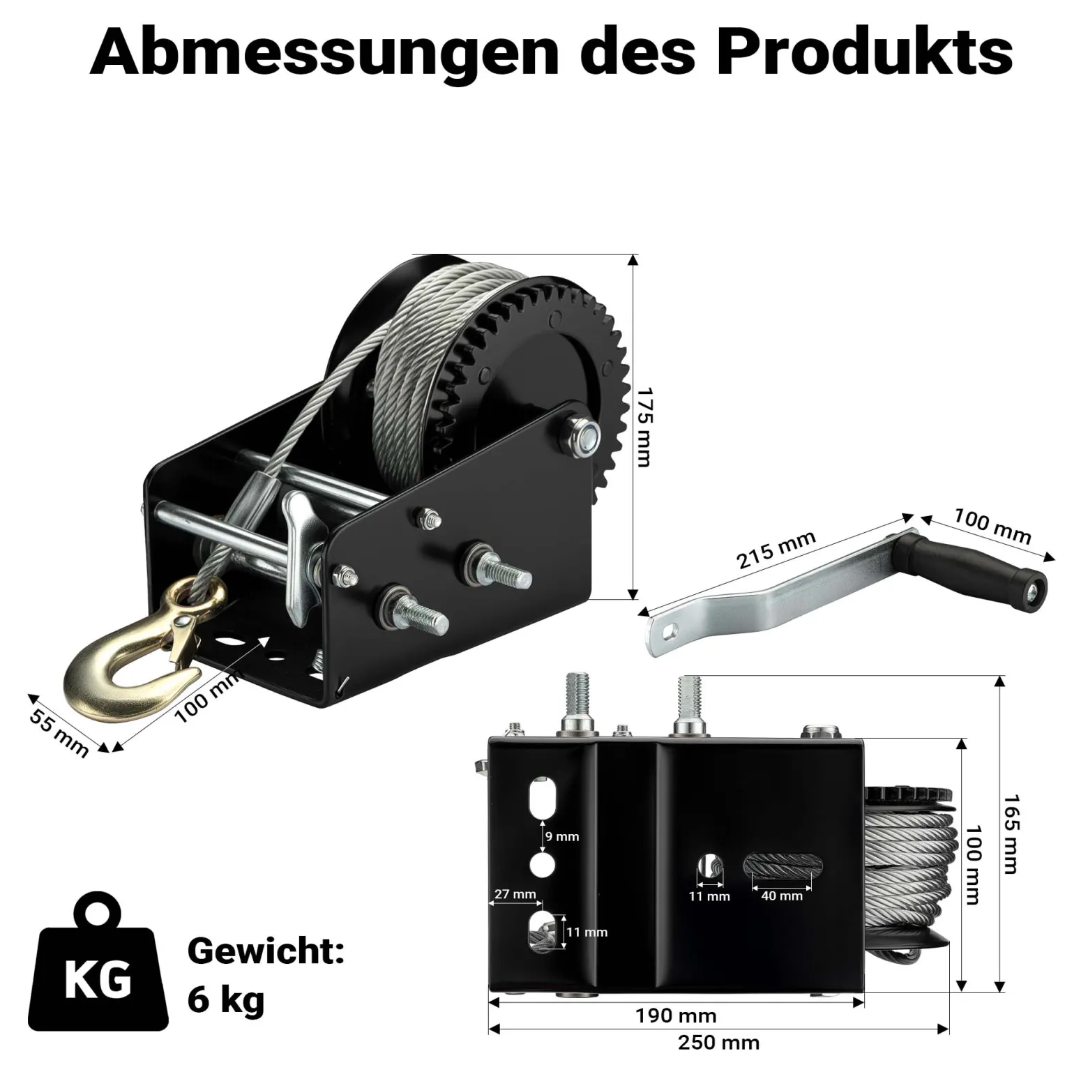Wiltec Handseilwinde bis 1500 kg Übersetzung 4,1:1 9,8:1 Winde 280 x 240 x 180 mm Handseilzug mit 10 m Seil Forstseilwinde handbetrieben
