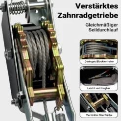 Wiltec Handseilzug mit 1,8 m Drahtseil bis 1000 kg, Flaschenzug mit 2 Haken, Seilwinde mit Sicherheitslasthaken
