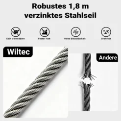 Wiltec Handseilzug mit 1,8 m Drahtseil bis 1000 kg, Flaschenzug mit 2 Haken, Seilwinde mit Sicherheitslasthaken