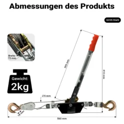 Wiltec Handseilzug mit 1,8 m Drahtseil bis 1000 kg, Flaschenzug mit 2 Haken, Seilwinde mit Sicherheitslasthaken