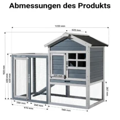 Wiltec Hasenstall grau-weiß 1220 x 630 x 920 mm mit Freilaufgehege und erhöhtem Unterschlupf aus Holz, Kaninchenkäfig mit 2 Etagen, Kleintierstall