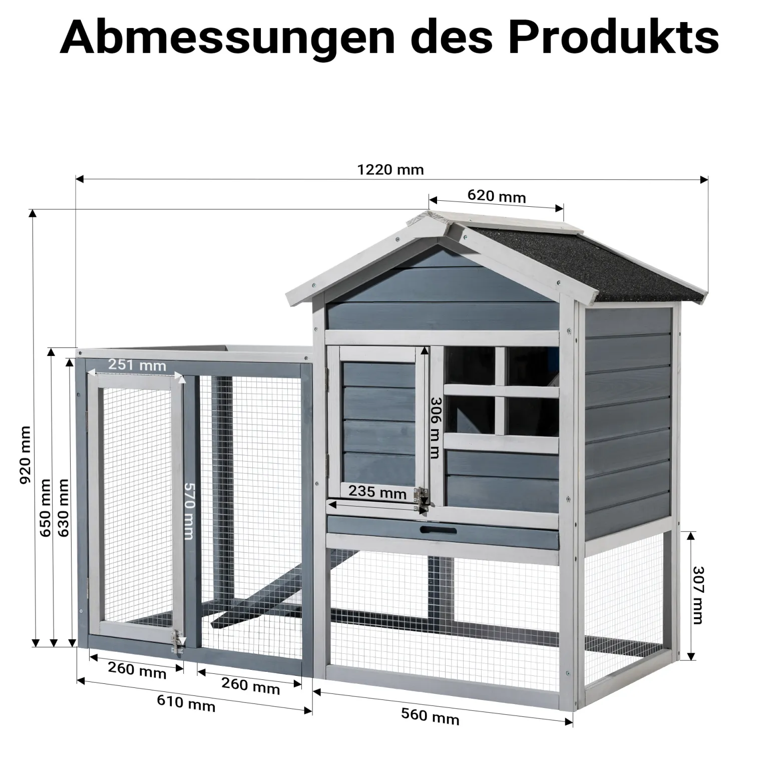 Wiltec Hasenstall grau-weiß 1220 x 630 x 920 mm mit Freilaufgehege und erhöhtem Unterschlupf aus Holz, Kaninchenkäfig mit 2 Etagen, Kleintierstall