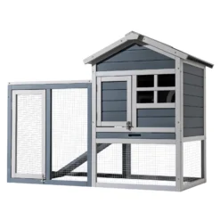 Wiltec Hasenstall grau-weiß 1220 x 630 x 920 mm mit Freilaufgehege und erhöhtem Unterschlupf aus Holz, Kaninchenkäfig mit 2 Etagen, Kleintierstall