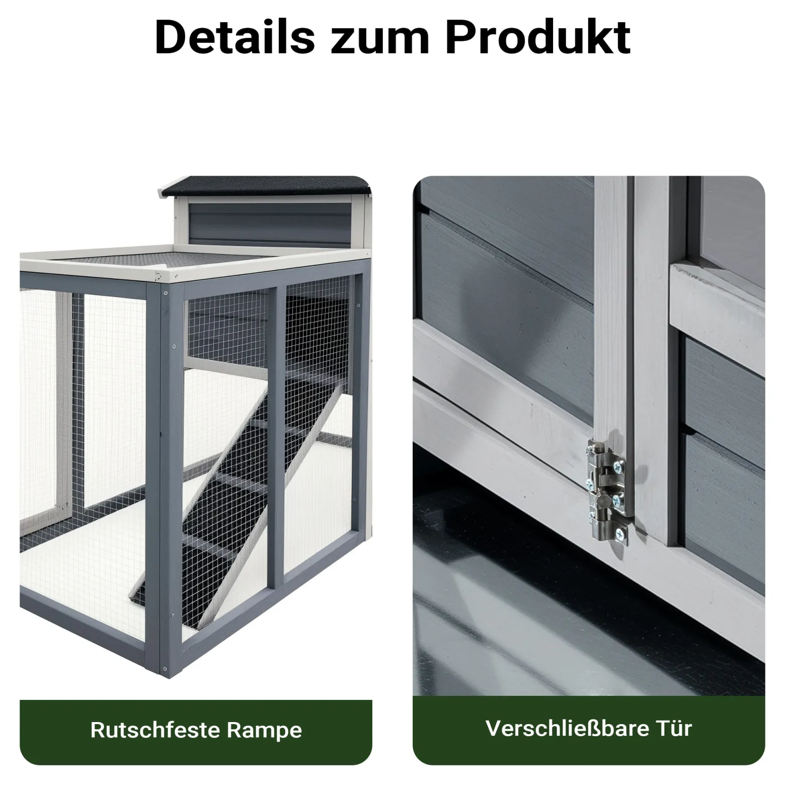 Wiltec Hasenstall grau-weiß 1220 x 630 x 920 mm mit Freilaufgehege und erhöhtem Unterschlupf aus Holz, Kaninchenkäfig mit 2 Etagen, Kleintierstall