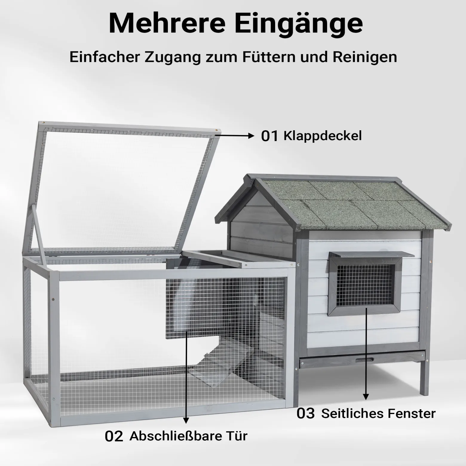 Wiltec Hasenstall hellgrau 1460 x 750 x 830 mm mit Freilaufgehege und erhöhtem Unterschlupf aus Holz, Kaninchenkäfig mit 2 Etagen, Kleintierstall