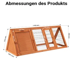 Wiltec Hasenstall in Dreiecksform, 118 x 50 x 45 cm, Kaninchenstall mit Freilauf und Schlafbereich, Kleintierstall aus Fichtenholz, Außengehege mit Türen