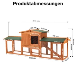 Wiltec Hasenstall 2190 x 530 x 850 mm mit Freilaufgehege und erhöhtem Unterschlupf aus Fichtenholz, Kaninchenkäfig mit 2 Etagen, Kleintierstall