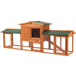 Wiltec Hasenstall 2190 x 530 x 850 mm mit Freilaufgehege und erhöhtem Unterschlupf aus Fichtenholz, Kaninchenkäfig mit 2 Etagen, Kleintierstall