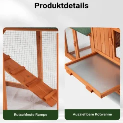 Wiltec Hasenstall 2190 x 530 x 850 mm mit Freilaufgehege und erhöhtem Unterschlupf aus Fichtenholz, Kaninchenkäfig mit 2 Etagen, Kleintierstall