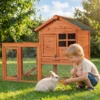 Wiltec Hasenstall 1220 x 630 x 920 mm mit Freilaufgehege und erhöhtem Unterschlupf aus Fichtenholz, Kaninchenkäfig mit 2 Etagen, Kleintierstall