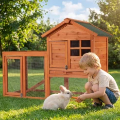 Wiltec Hasenstall 1220 x 630 x 920 mm mit Freilaufgehege und erhöhtem Unterschlupf aus Fichtenholz, Kaninchenkäfig mit 2 Etagen, Kleintierstall