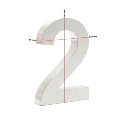 Wiltec Hausnummer 2 silberfarbene Edelstahl Hausnummer in modernem 3D-Design, Höhe 20 cm, Schrift Arial, rostfrei und witterungsbeständig, mit Montagematerial