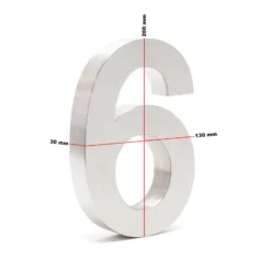 Wiltec Hausnummer 6 silberfarbene Edelstahl Hausnummer in modernem 3D-Design, Höhe 20 cm, Schrift Arial, rostfrei und witterungsbeständig, mit Montagematerial