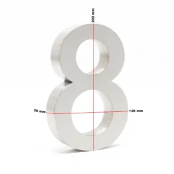Wiltec Hausnummer 8 silberfarbene Edelstahl Hausnummer in modernem 3D-Design, Höhe 20 cm, Schrift Arial, rostfrei und witterungsbeständig, mit Montagematerial