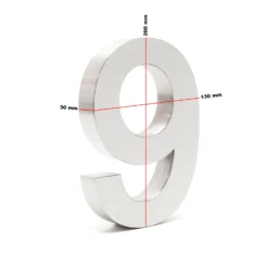Wiltec Hausnummer 9 silberfarbene Edelstahl Hausnummer in modernem 3D-Design, Höhe 20 cm, Schrift Arial, rostfrei und witterungsbeständig, mit Montagematerial