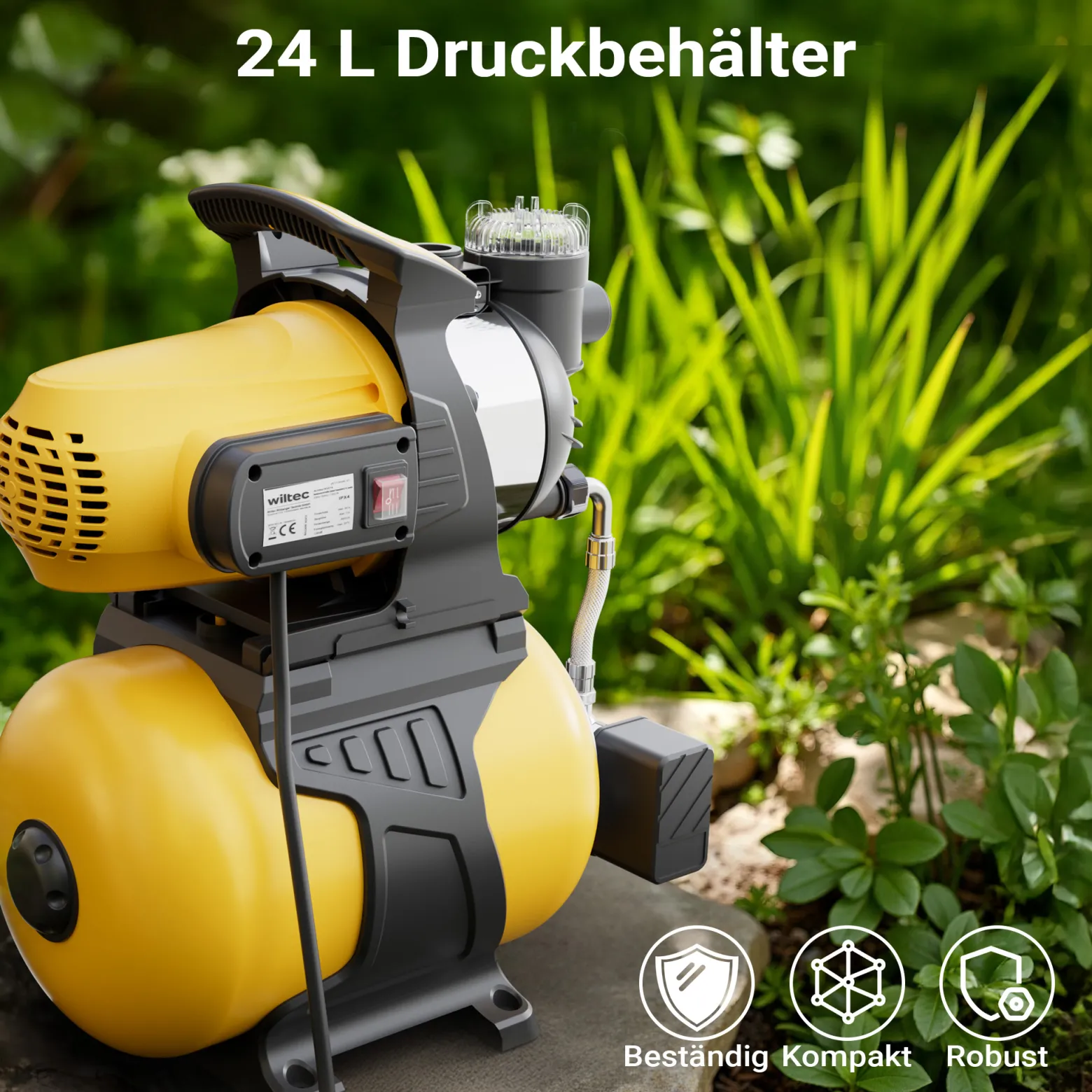 Wiltec Hauswasserwerk mit 24-L-Membrankessel, 5000 l/h Hauswasserautomat mit Druckschalter und Vorfilter, Gartenpumpe mit 50 m Förderhöhe, Wasserpumpe mit 7 m Ansaugtiefe
