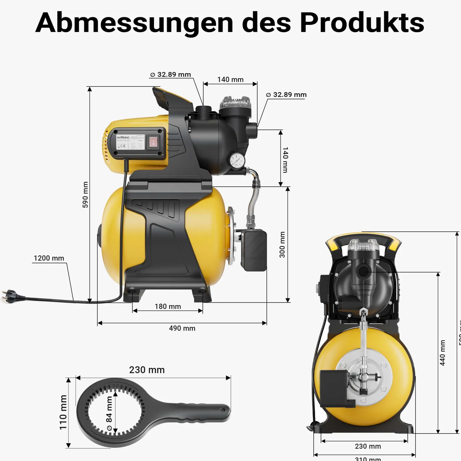 Wiltec Hauswasserwerk mit 19-L-Membrankessel, 3500 l/h Hauswasserautomat mit Druckschalter und Vorfilter, Gartenpumpe mit 44 m Förderhöhe, Wasserpumpe mit 8 m Ansaugtiefe