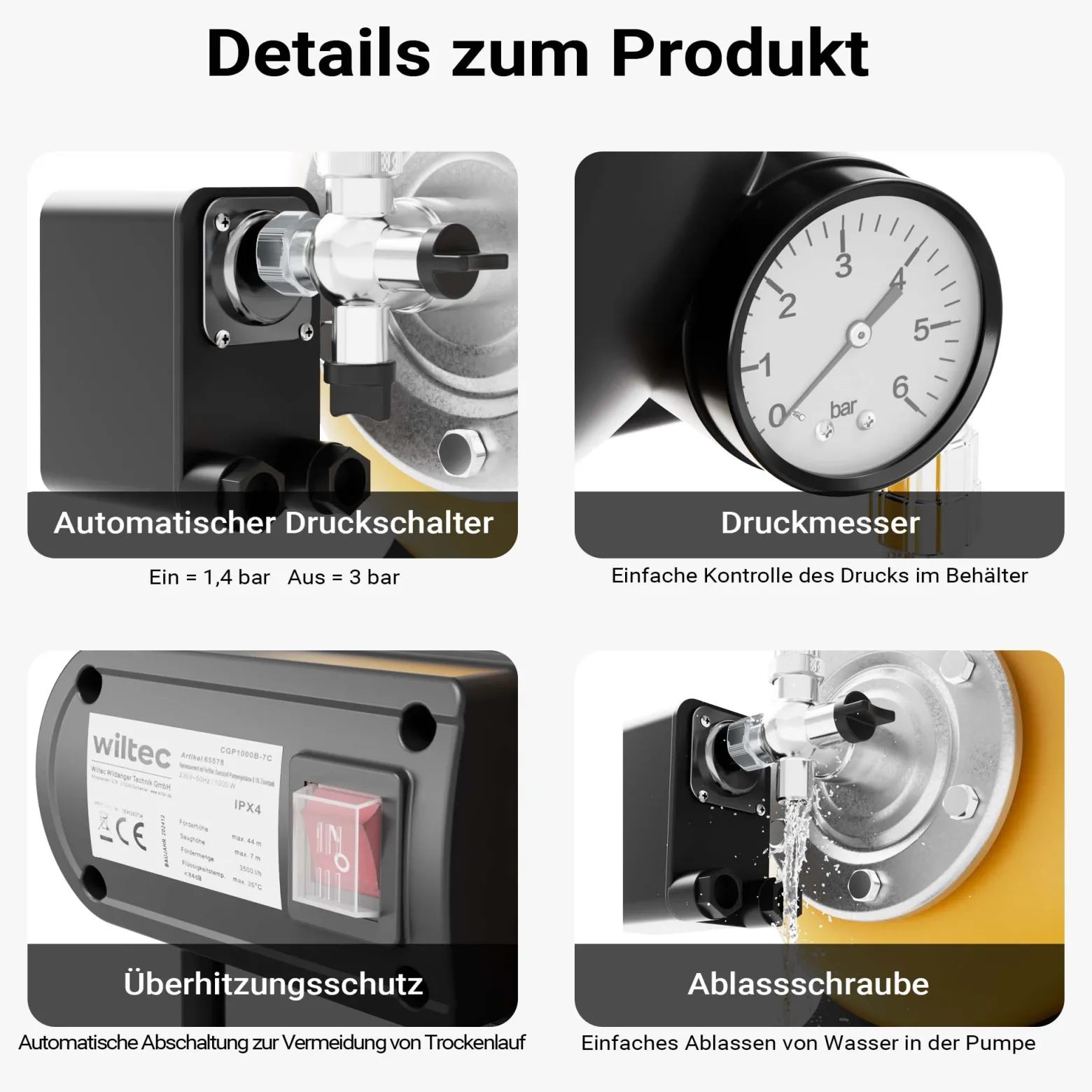 Wiltec Hauswasserwerk mit 19-L-Membrankessel, 3500 l/h Hauswasserautomat mit Druckschalter und Vorfilter, Gartenpumpe mit 44 m Förderhöhe, Wasserpumpe mit 8 m Ansaugtiefe