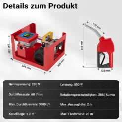 Wiltec Heizöl- und Dieselpumpe 230V/550W 60l/min selbstansaugende Pumpe mit automatischer Pistole, Kraftstoffpumpe, Absaugpumpe