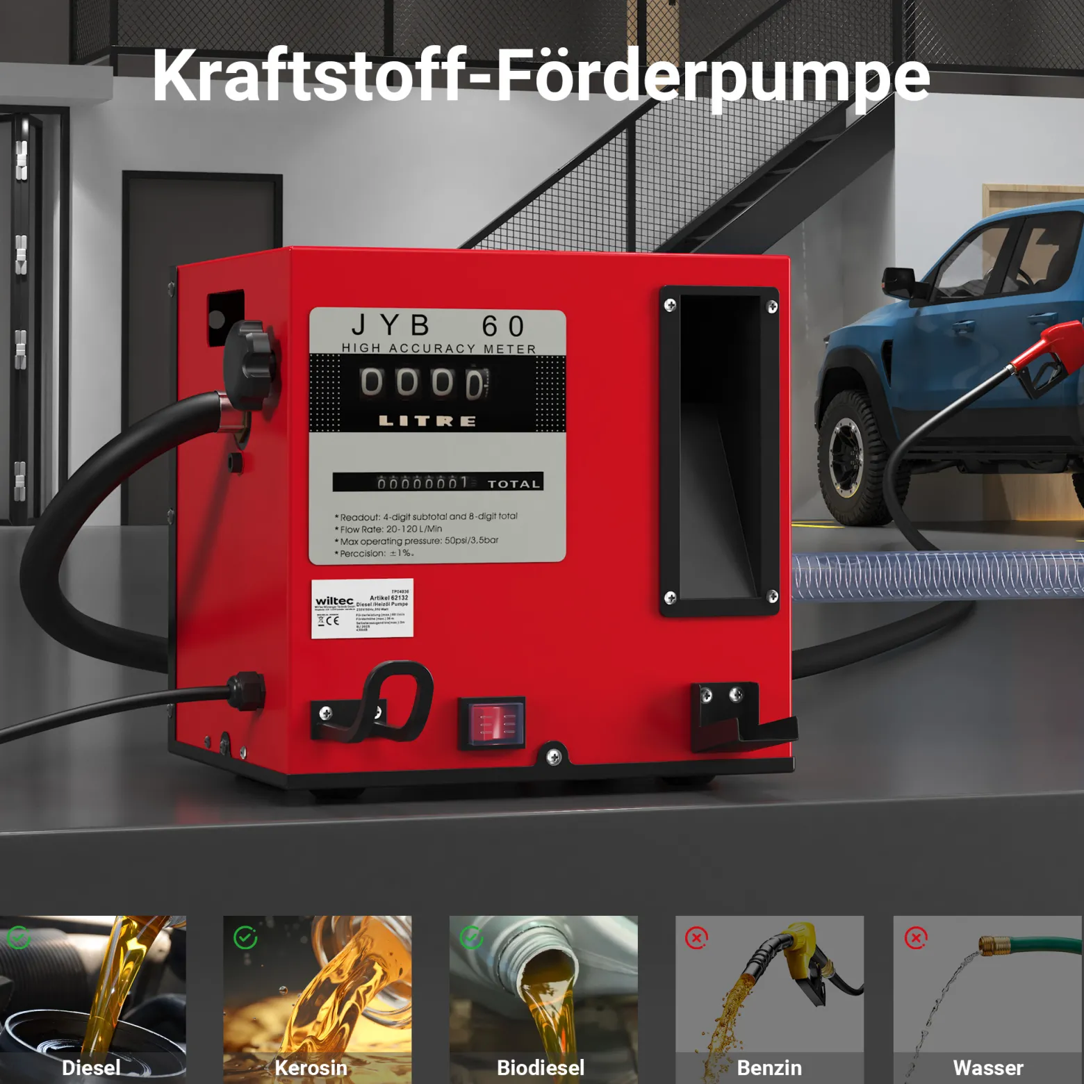 Wiltec Heizöl- und Dieselpumpe 230V/550W 60l/min selbstsansaugend, zur Wandmontage, Zapfpistole mit Abschaltautomatik, Kraftstoffpumpe