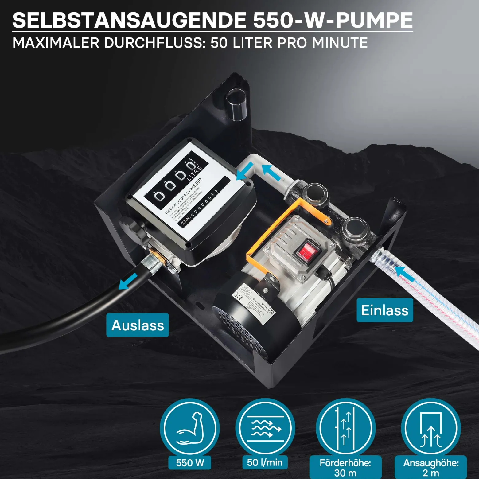 Wiltec Heizöl- und Dieselpumpe 230V/550W 50l/min selbstansaugend Pumpe mit automatischer Pistole, Kraftstoffpumpe, Absaugpumpe