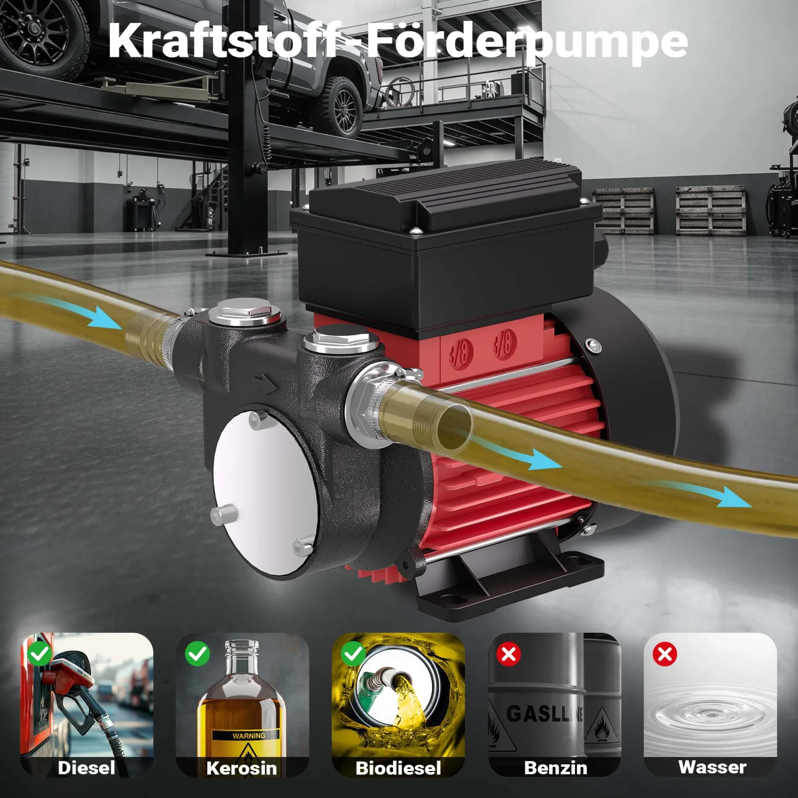 Wiltec Heizöl- und Dieselpumpe 230V 375W 60l/min, Selbstansaugende Umfüllpumpe mit 2m Ansaughöhe und Rückschlagventil, Absaugpumpe