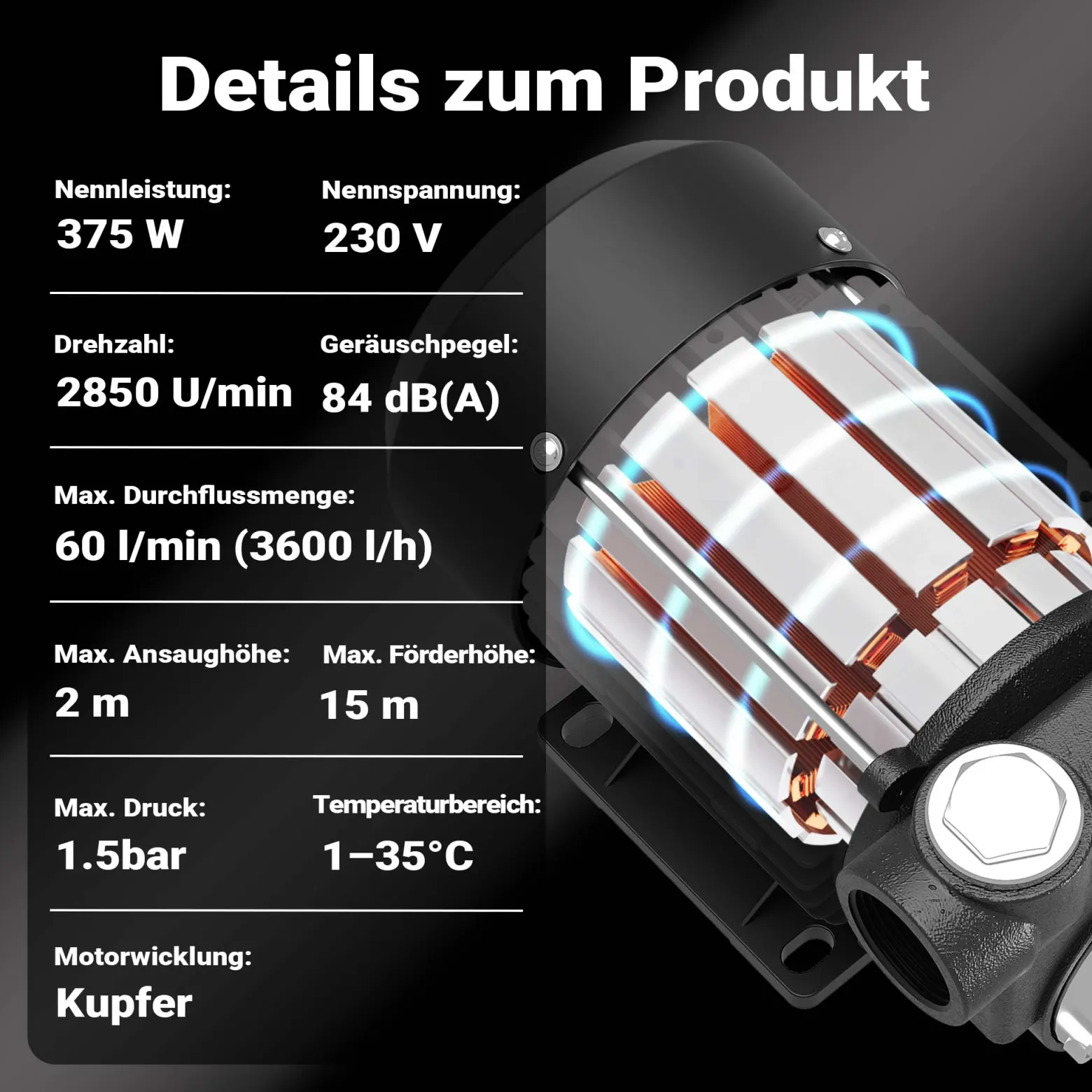 Wiltec Heizöl- und Dieselpumpe 230V 375W 60l/min, Selbstansaugende Umfüllpumpe mit 2m Ansaughöhe und Rückschlagventil, Absaugpumpe